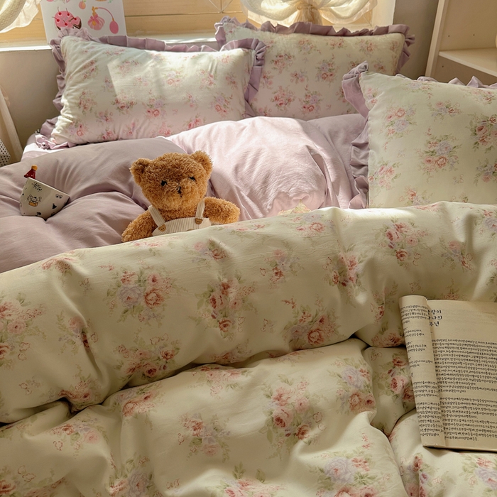 91家纺网 家纺一手货源 找家纺 韩巢家纺 2025新款针织双层纱花边款被套直播热销款四件套学生宿舍床单三件套-（提供卖家秀）悠然绿