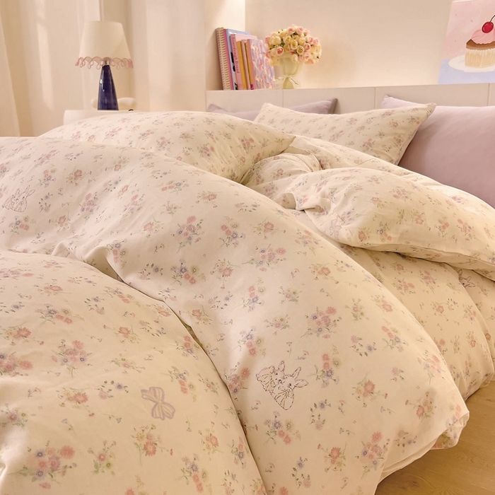 91家纺网 家纺一手货源 找家纺 DoDo 兜兜 2025新款全棉纯棉小温暖双层纱四件套【可定做尺寸】 丛林小兔