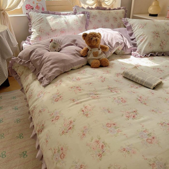 91家纺网 家纺一手货源 找家纺 韩巢家纺 2025新款针织双层纱花边款被套直播热销款四件套学生宿舍床单三件套-（提供卖家秀）悠然绿