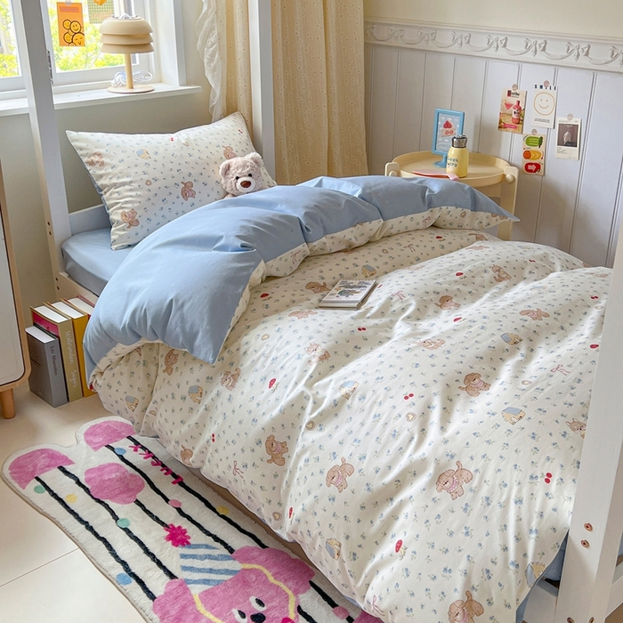 91家纺网 家纺一手货源 找家纺 麦伦家居 2025新款40支13372全棉纯棉斜纹学生上下铺床品宿舍三件套上下铺四件套系列 花园狗蓝