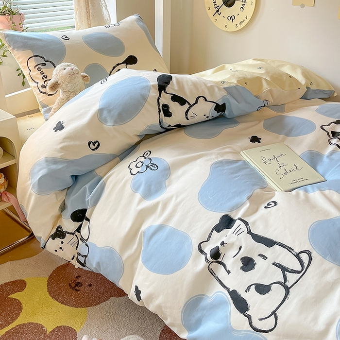 91家纺网 家纺一手货源 找家纺 麦伦家居 2025新款40支13372全棉纯棉斜纹学生上下铺床品宿舍三件套上下铺四件套系列 奶牛猫