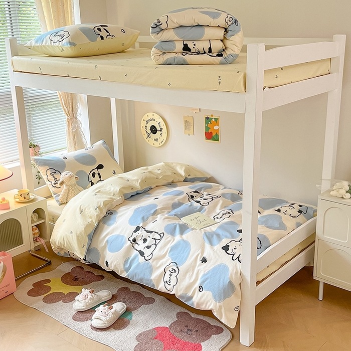 91家纺网 家纺一手货源 找家纺 麦伦家居 2025新款40支13372全棉纯棉斜纹学生上下铺床品宿舍三件套上下铺四件套系列 奶牛猫