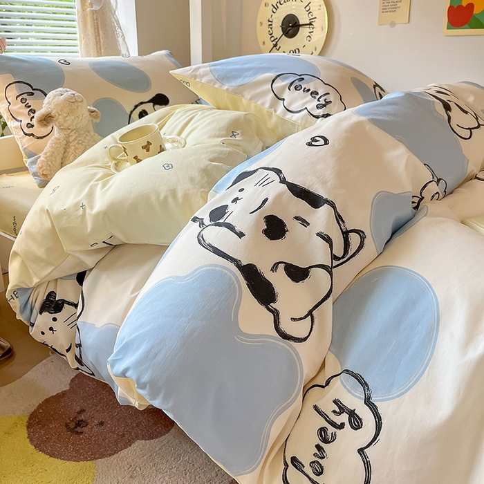 91家纺网 家纺一手货源 找家纺 麦伦家居 2025新款40支13372全棉纯棉斜纹学生上下铺床品宿舍三件套上下铺四件套系列 奶牛猫