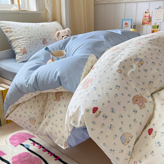 91家纺网 家纺一手货源 找家纺 麦伦家居 2025新款40支13372全棉纯棉斜纹学生上下铺床品宿舍三件套上下铺四件套系列 花园狗蓝