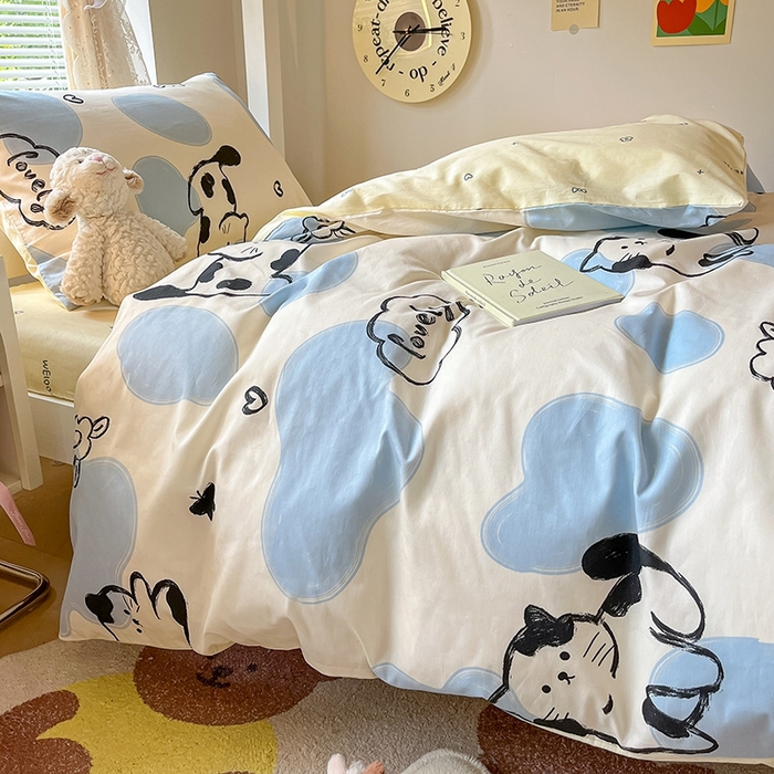 91家纺网 家纺一手货源 找家纺 麦伦家居 2025新款40支13372全棉纯棉斜纹学生上下铺床品宿舍三件套上下铺四件套系列 奶牛猫