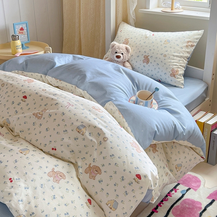 91家纺网 家纺一手货源 找家纺 麦伦家居 2025新款40支13372全棉纯棉斜纹学生上下铺床品宿舍三件套上下铺四件套系列 花园狗蓝