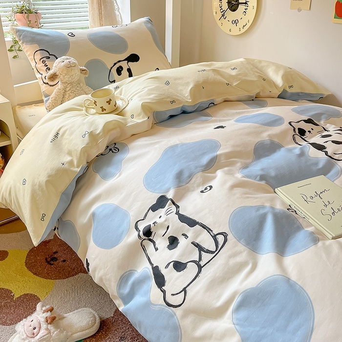 91家纺网 家纺一手货源 找家纺 麦伦家居 2025新款40支13372全棉纯棉斜纹学生上下铺床品宿舍三件套上下铺四件套系列 奶牛猫