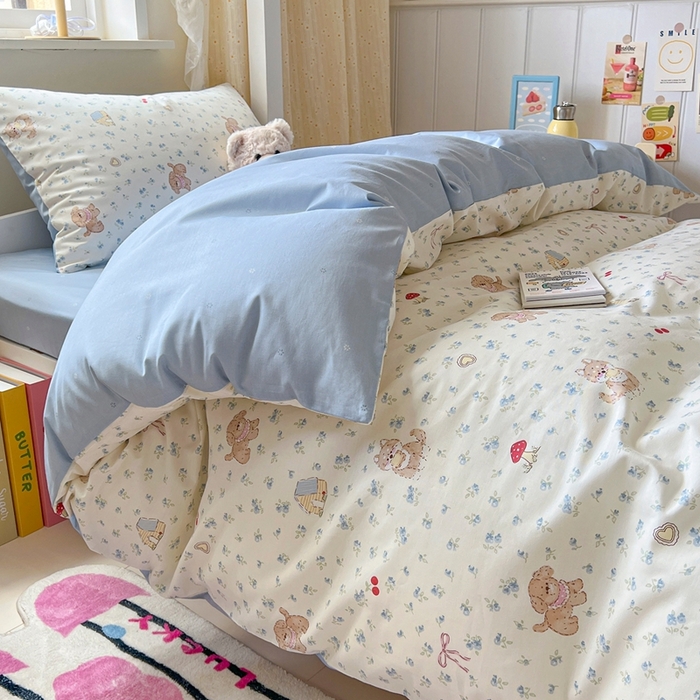 91家纺网 家纺一手货源 找家纺 麦伦家居 2025新款40支13372全棉纯棉斜纹学生上下铺床品宿舍三件套上下铺四件套系列 花园狗蓝