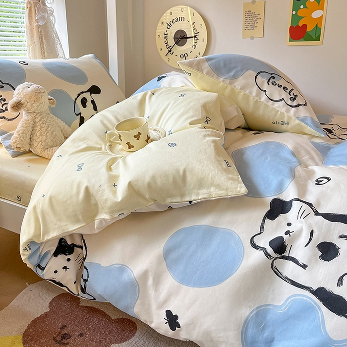 91家纺网 家纺一手货源 找家纺 麦伦家居 2025新款40支13372全棉纯棉斜纹学生上下铺床品宿舍三件套上下铺四件套系列 奶牛猫