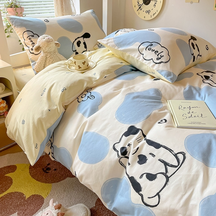 91家纺网 家纺一手货源 找家纺 麦伦家居 2025新款40支13372全棉纯棉斜纹学生上下铺床品宿舍三件套上下铺四件套系列 奶牛猫