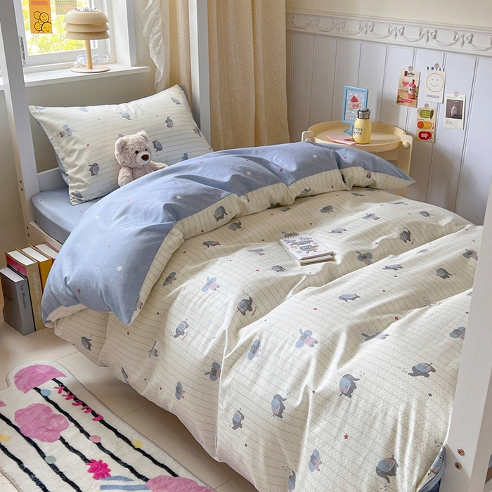 91家纺网 家纺一手货源 找家纺 麦伦家居 2025新款40支13372全棉纯棉斜纹学生上下铺床品宿舍三件套上下铺四件套系列 跳跳象