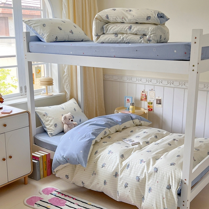 91家纺网 家纺一手货源 找家纺 麦伦家居 2025新款40支13372全棉纯棉斜纹学生上下铺床品宿舍三件套上下铺四件套系列 跳跳象