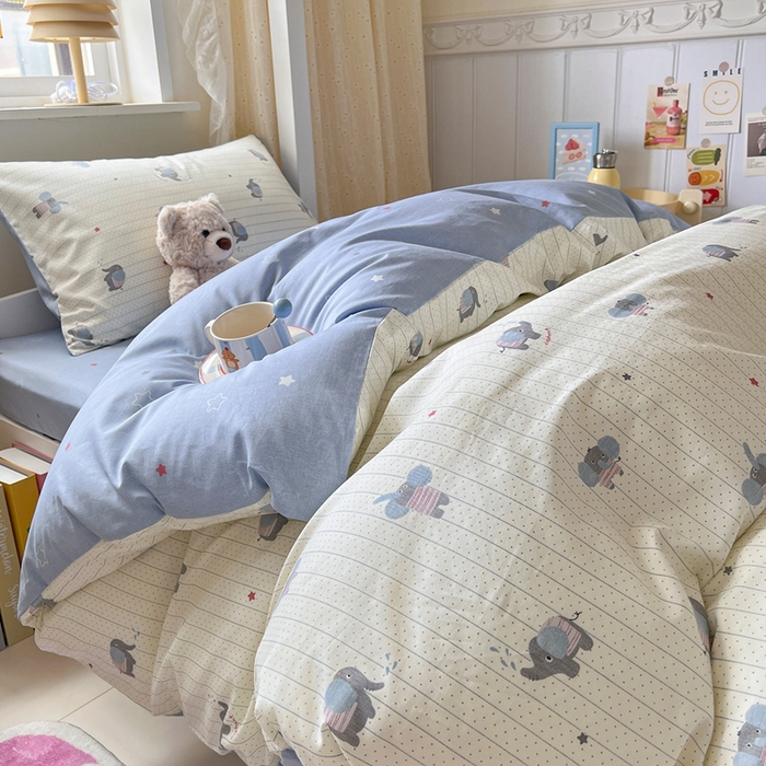 91家纺网 家纺一手货源 找家纺 麦伦家居 2025新款40支13372全棉纯棉斜纹学生上下铺床品宿舍三件套上下铺四件套系列 跳跳象