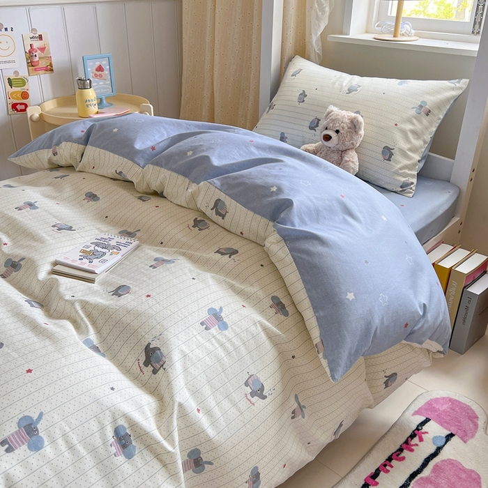 91家纺网 家纺一手货源 找家纺 麦伦家居 2025新款40支13372全棉纯棉斜纹学生上下铺床品宿舍三件套上下铺四件套系列 跳跳象