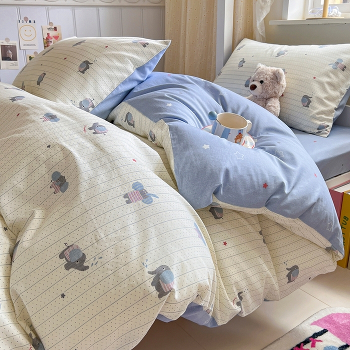 91家纺网 家纺一手货源 找家纺 麦伦家居 2025新款40支13372全棉纯棉斜纹学生上下铺床品宿舍三件套上下铺四件套系列 跳跳象