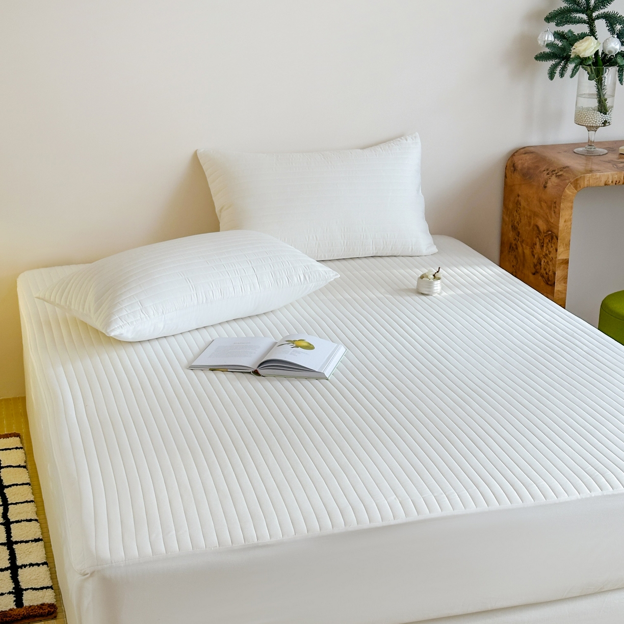 91家纺网 家纺一手货源 找家纺 三味舒屋 2025新款韩风小时光宽条全棉纯棉夹棉床笠系列单床笠床笠单件 时光白