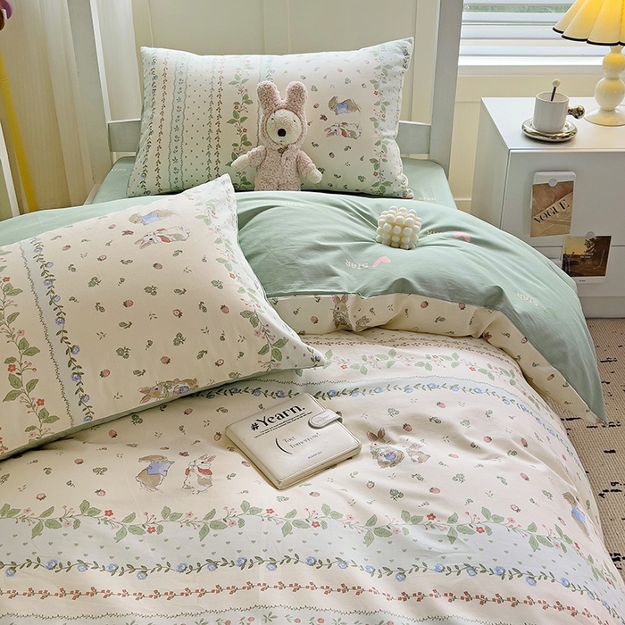 麦伦家居 2025新款40支13372全棉纯棉斜纹学生上下铺床品宿舍三件套上下铺四件套系列 草莓兔兔
