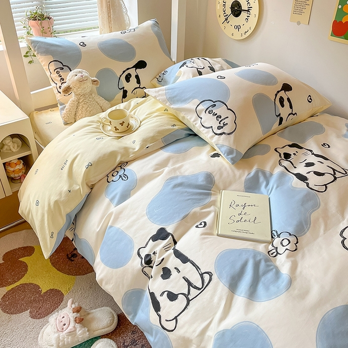 91家纺网 家纺一手货源 找家纺 麦伦家居 2025新款40支13372全棉纯棉斜纹学生上下铺床品宿舍三件套上下铺四件套系列 奶牛猫