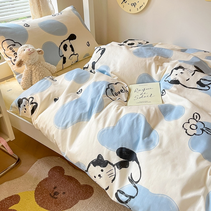 91家纺网 家纺一手货源 找家纺 麦伦家居 2025新款40支13372全棉纯棉斜纹学生上下铺床品宿舍三件套上下铺四件套系列 奶牛猫