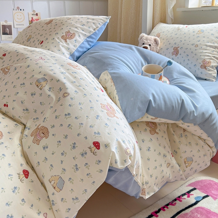 91家纺网 家纺一手货源 找家纺 麦伦家居 2025新款40支13372全棉纯棉斜纹学生上下铺床品宿舍三件套上下铺四件套系列 花园狗蓝