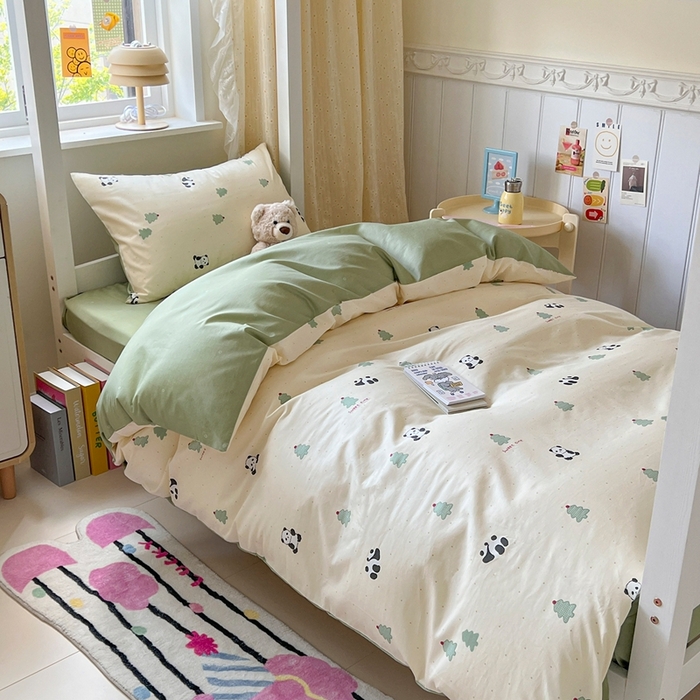 91家纺网 家纺一手货源 找家纺 麦伦家居 2025新款40支13372全棉纯棉斜纹学生上下铺床品宿舍三件套上下铺四件套系列 熊猫森林