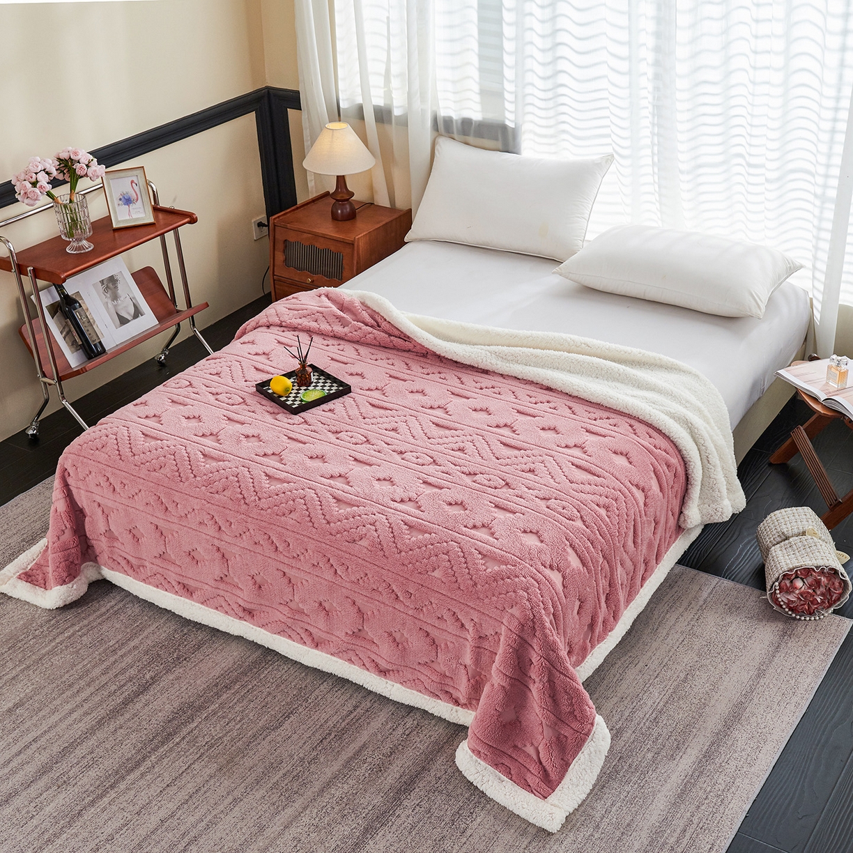 91家纺网 家纺一手货源 找家纺 枋梢家纺 2025新款提花舒棉绒镂空塔芙绒羊羔绒双层毛毯毯子跨境电商 韵律-豆沙