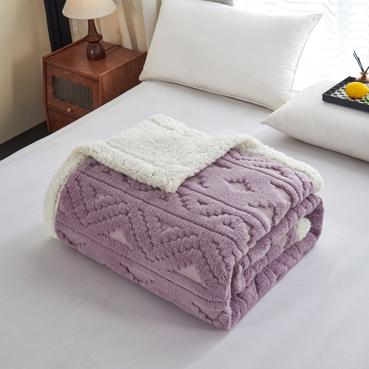 枋梢家纺 2025新款提花舒棉绒镂空塔芙绒羊羔绒双层毛毯毯子跨境电商 韵律-香芋紫