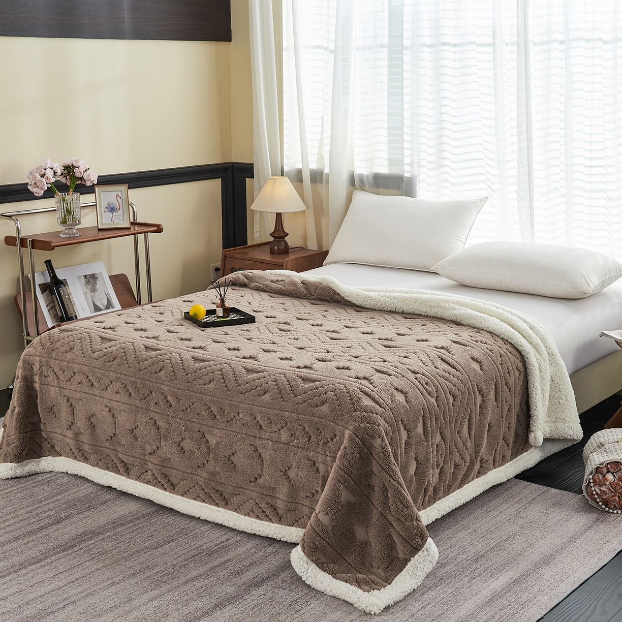 91家纺网 家纺一手货源 找家纺 枋梢家纺 2025新款提花舒棉绒镂空塔芙绒羊羔绒双层毛毯毯子跨境电商 韵律-咖啡