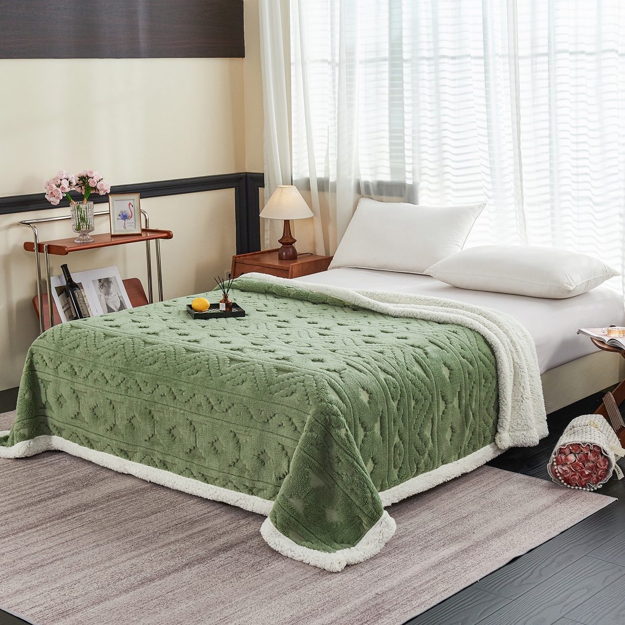 91家纺网 家纺一手货源 找家纺 枋梢家纺 2025新款提花舒棉绒镂空塔芙绒羊羔绒双层毛毯毯子跨境电商 韵律-果绿