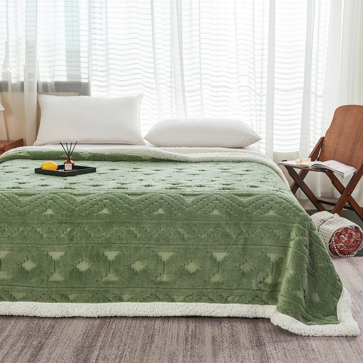91家纺网 家纺一手货源 找家纺 枋梢家纺 2025新款提花舒棉绒镂空塔芙绒羊羔绒双层毛毯毯子跨境电商 韵律-果绿
