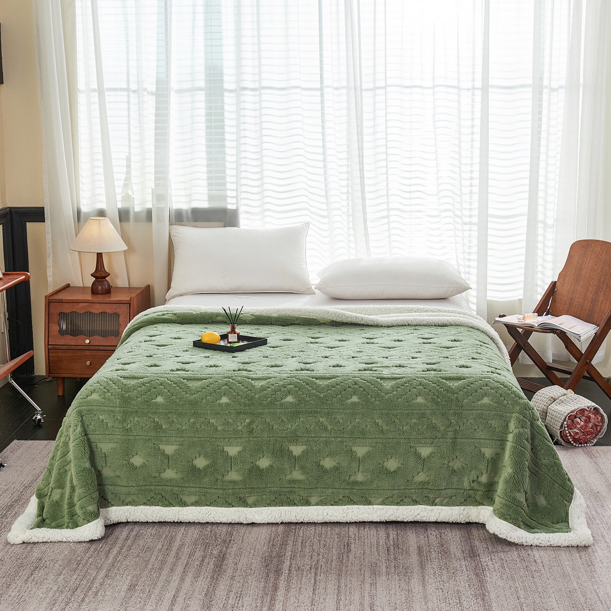 91家纺网 家纺一手货源 找家纺 枋梢家纺 2025新款提花舒棉绒镂空塔芙绒羊羔绒双层毛毯毯子跨境电商 韵律-果绿