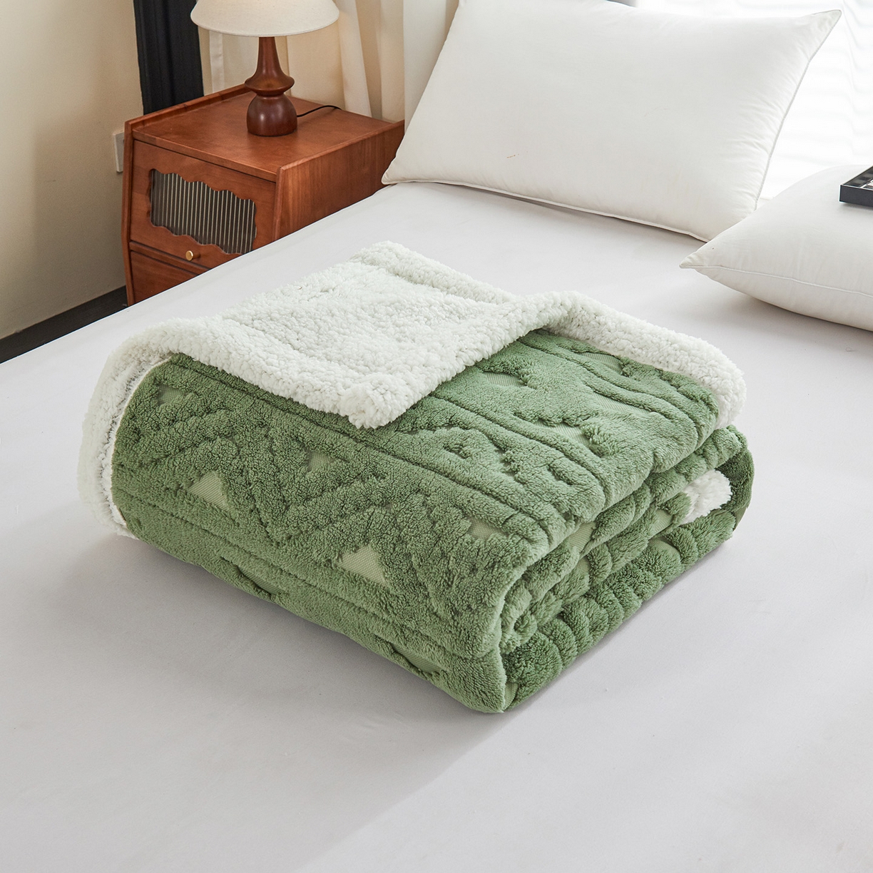 枋梢家纺 2025新款提花舒棉绒镂空塔芙绒羊羔绒双层毛毯毯子跨境电商 韵律-果绿