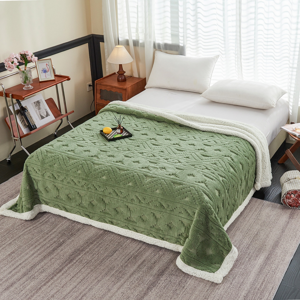 91家纺网 家纺一手货源 找家纺 枋梢家纺 2025新款提花舒棉绒镂空塔芙绒羊羔绒双层毛毯毯子跨境电商 韵律-果绿