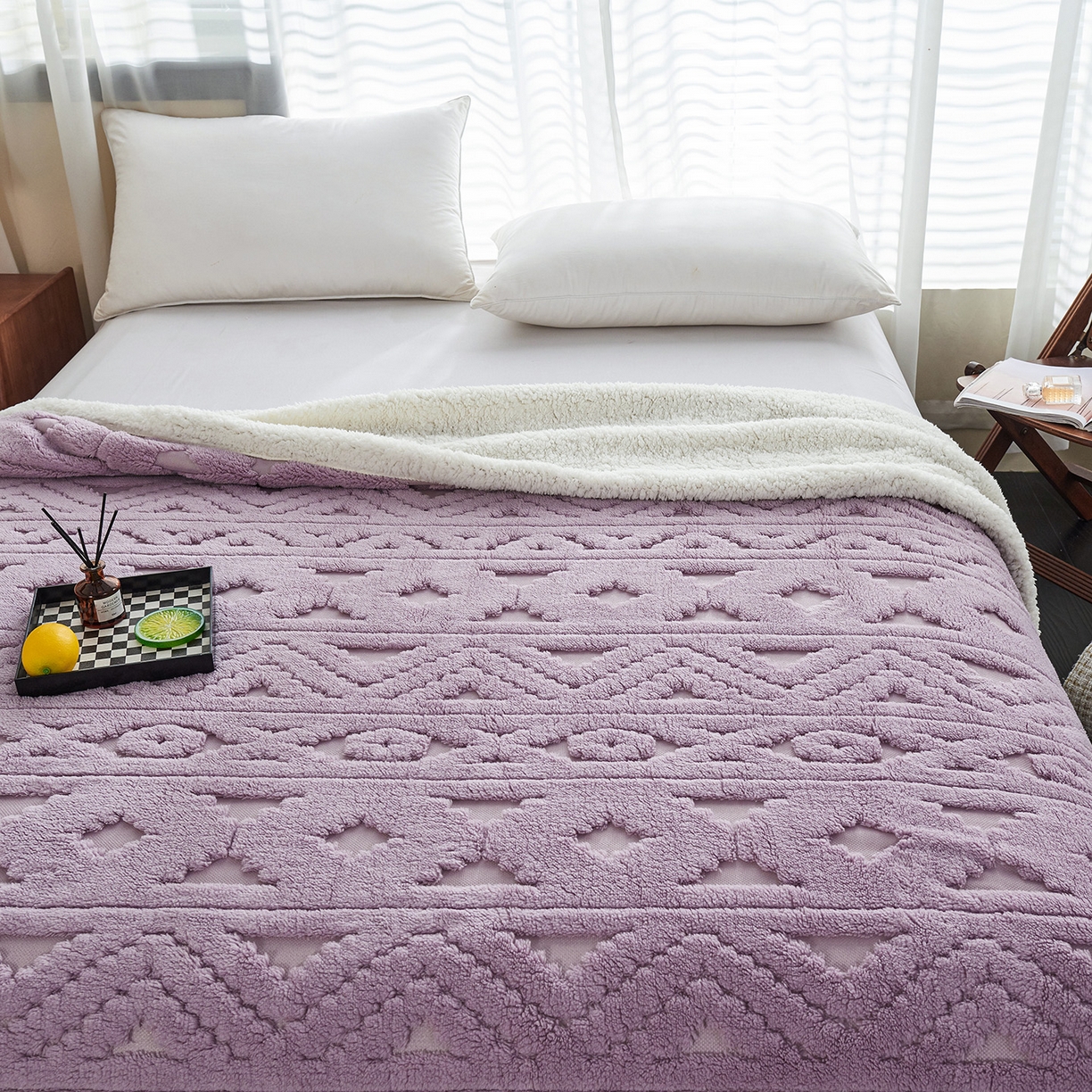 91家纺网 家纺一手货源 找家纺 枋梢家纺 2025新款提花舒棉绒镂空塔芙绒羊羔绒双层毛毯毯子跨境电商 韵律-香芋紫
