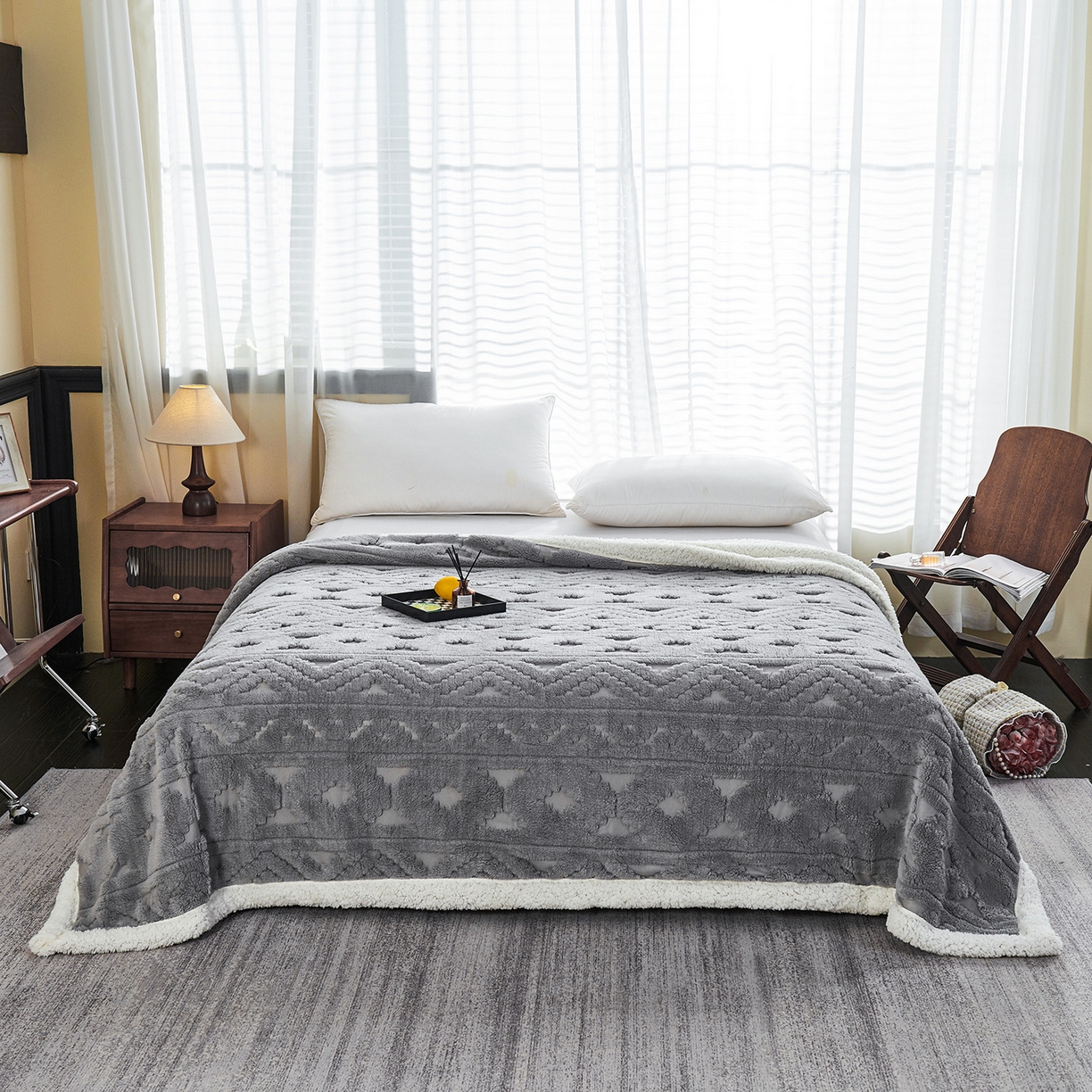 91家纺网 家纺一手货源 找家纺 枋梢家纺 2025新款提花舒棉绒镂空塔芙绒羊羔绒双层毛毯毯子跨境电商 韵律-浅灰