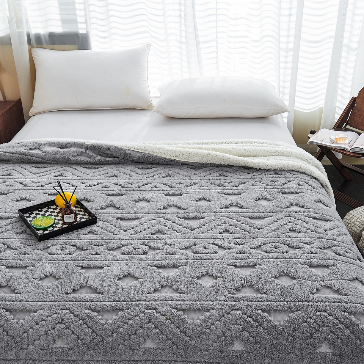 91家纺网 家纺一手货源 找家纺 枋梢家纺 2025新款提花舒棉绒镂空塔芙绒羊羔绒双层毛毯毯子跨境电商 韵律-浅灰