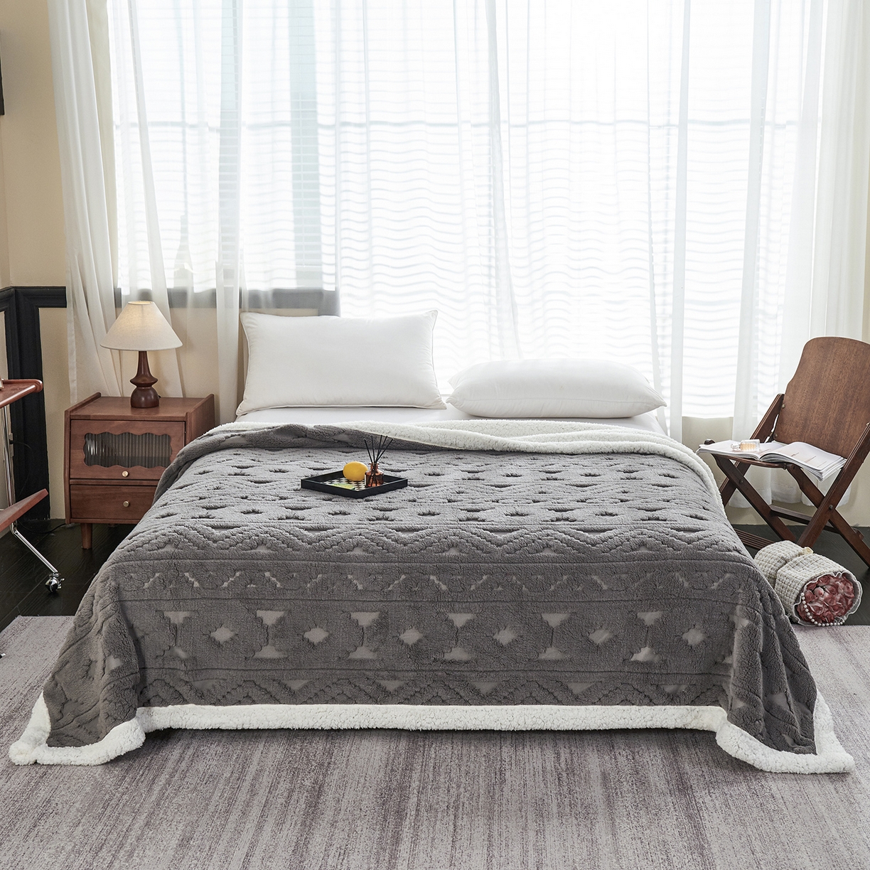 91家纺网 家纺一手货源 找家纺 枋梢家纺 2025新款提花舒棉绒镂空塔芙绒羊羔绒双层毛毯毯子跨境电商 韵律-深灰