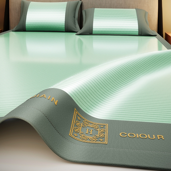 91家纺网 家纺一手货源 找家纺 莱家富 2025新款A类凉感冰丝藤凉席-英文条纹席 海松绿