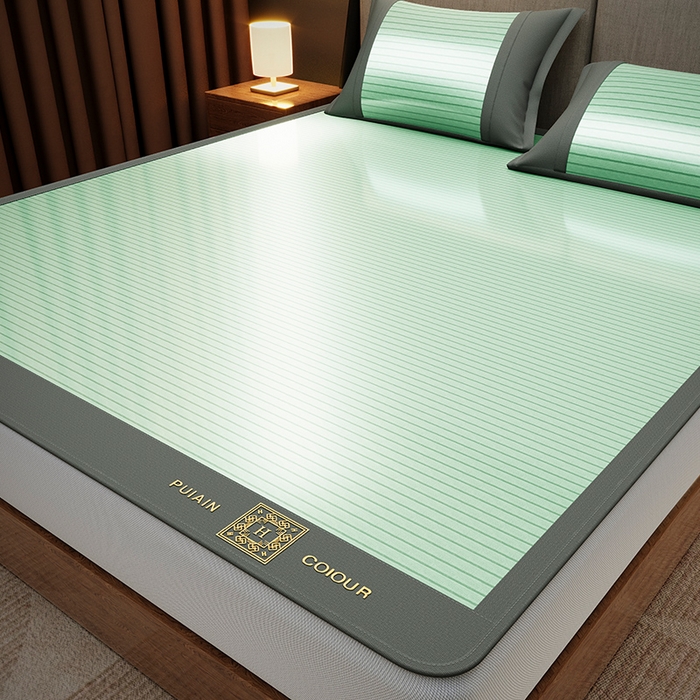 91家纺网 家纺一手货源 找家纺 莱家富 2025新款A类凉感冰丝藤凉席-英文条纹席 海松绿