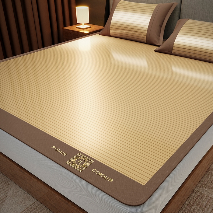 91家纺网 家纺一手货源 找家纺 莱家富 2025新款A类凉感冰丝藤凉席-英文条纹席 素雅咖