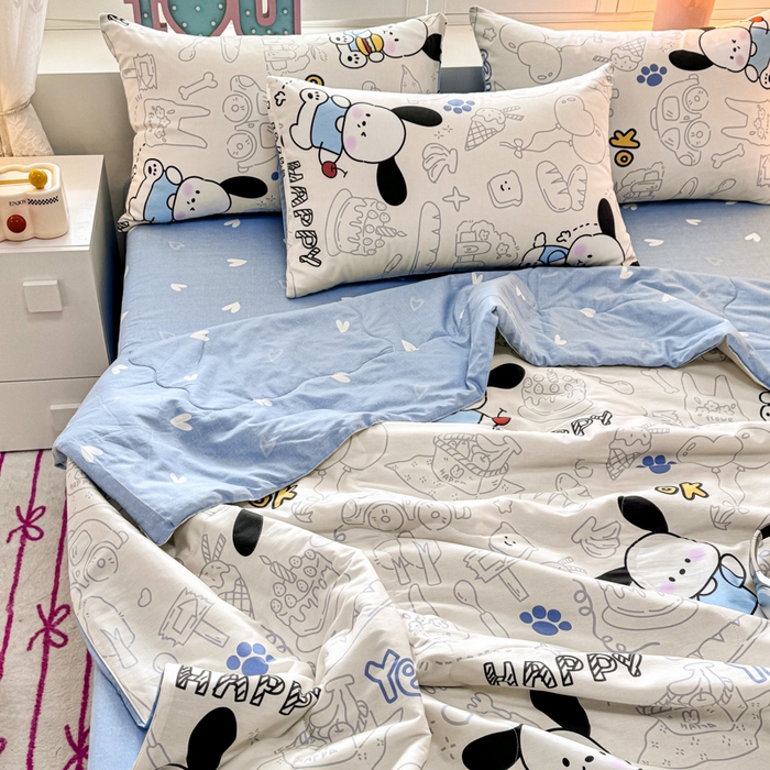 91家纺网 家纺一手货源 找家纺 洺兰家居 2025新款A类全棉印花麻绳款夏被四件套 蓝小狗