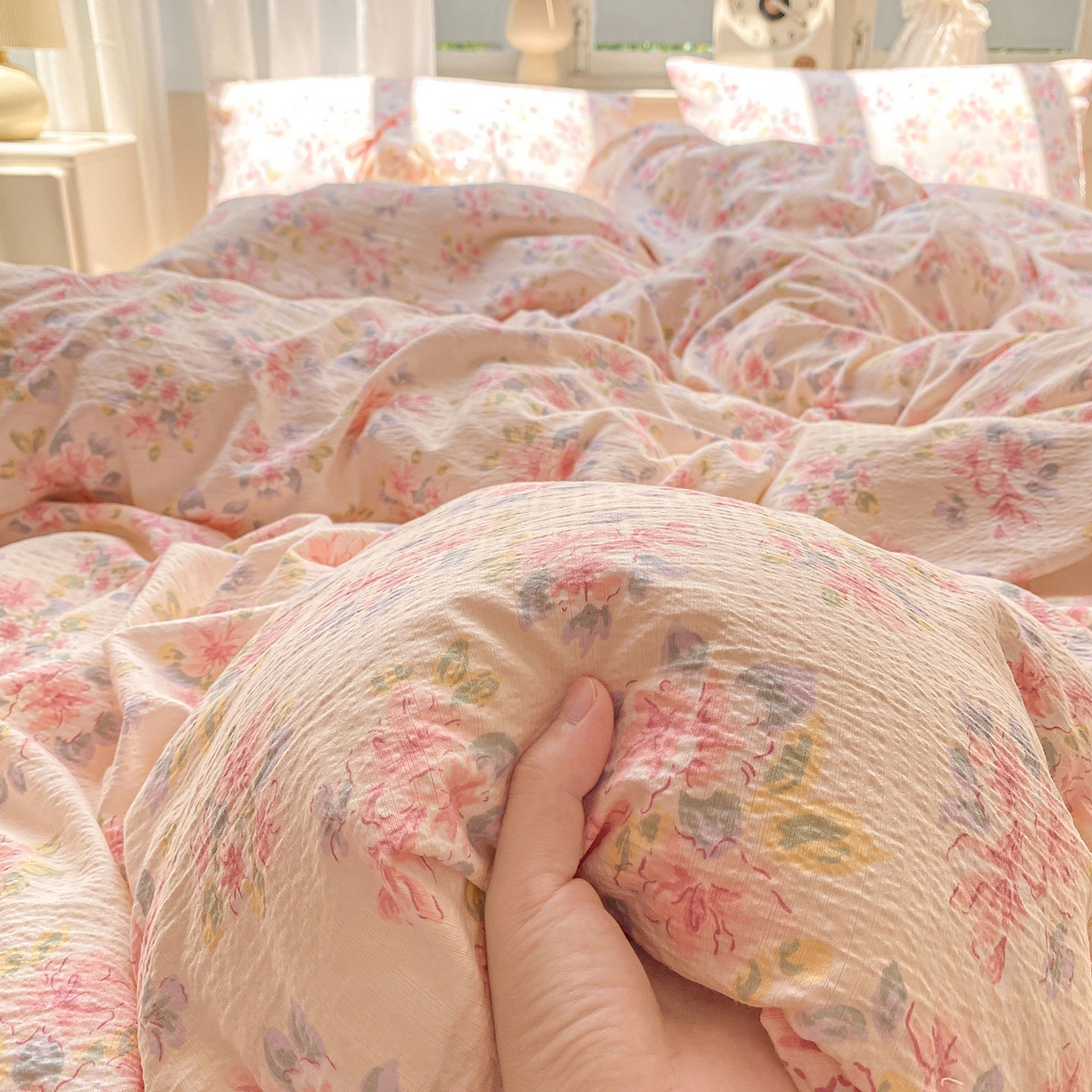 91家纺网 家纺一手货源 找家纺 眠势力 2025新款云感双层纱被套三件套ins奶油风云感超柔被罩单件四季款 粉调花海