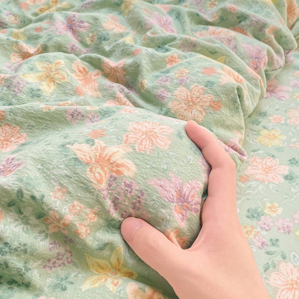 91家纺网 家纺一手货源 找家纺 眠势力 2025新款云感双层纱被套三件套ins奶油风云感超柔被罩单件四季款 花开盛夏