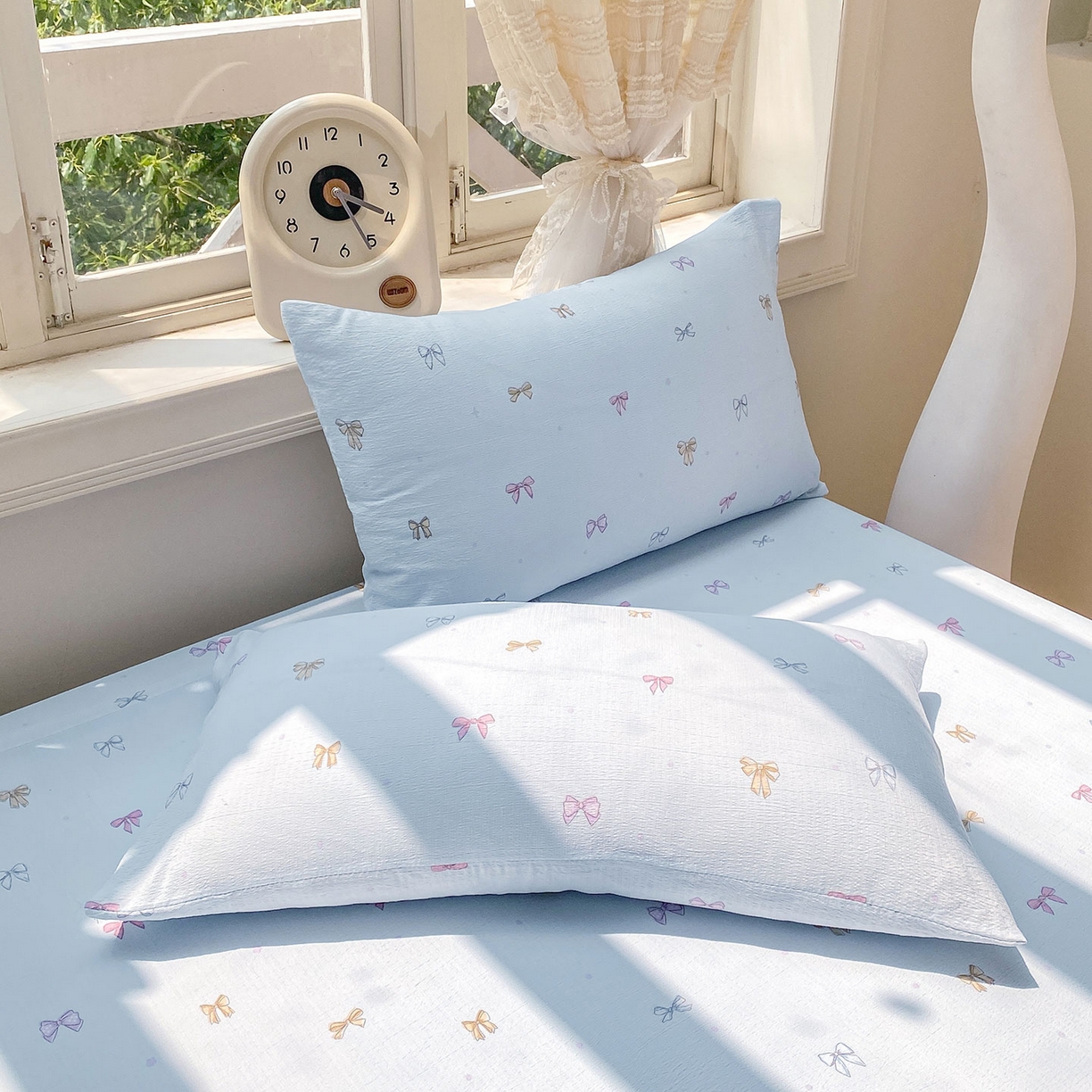 91家纺网 家纺一手货源 找家纺 眠势力 2025新款云感双层纱被套三件套ins奶油风云感超柔被罩单件四季款 蓝调蝴蝶结