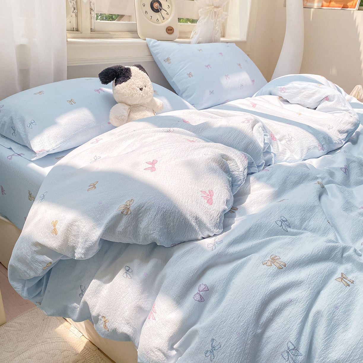 91家纺网 家纺一手货源 找家纺 眠势力 2025新款云感双层纱被套三件套ins奶油风云感超柔被罩单件四季款 蓝调蝴蝶结