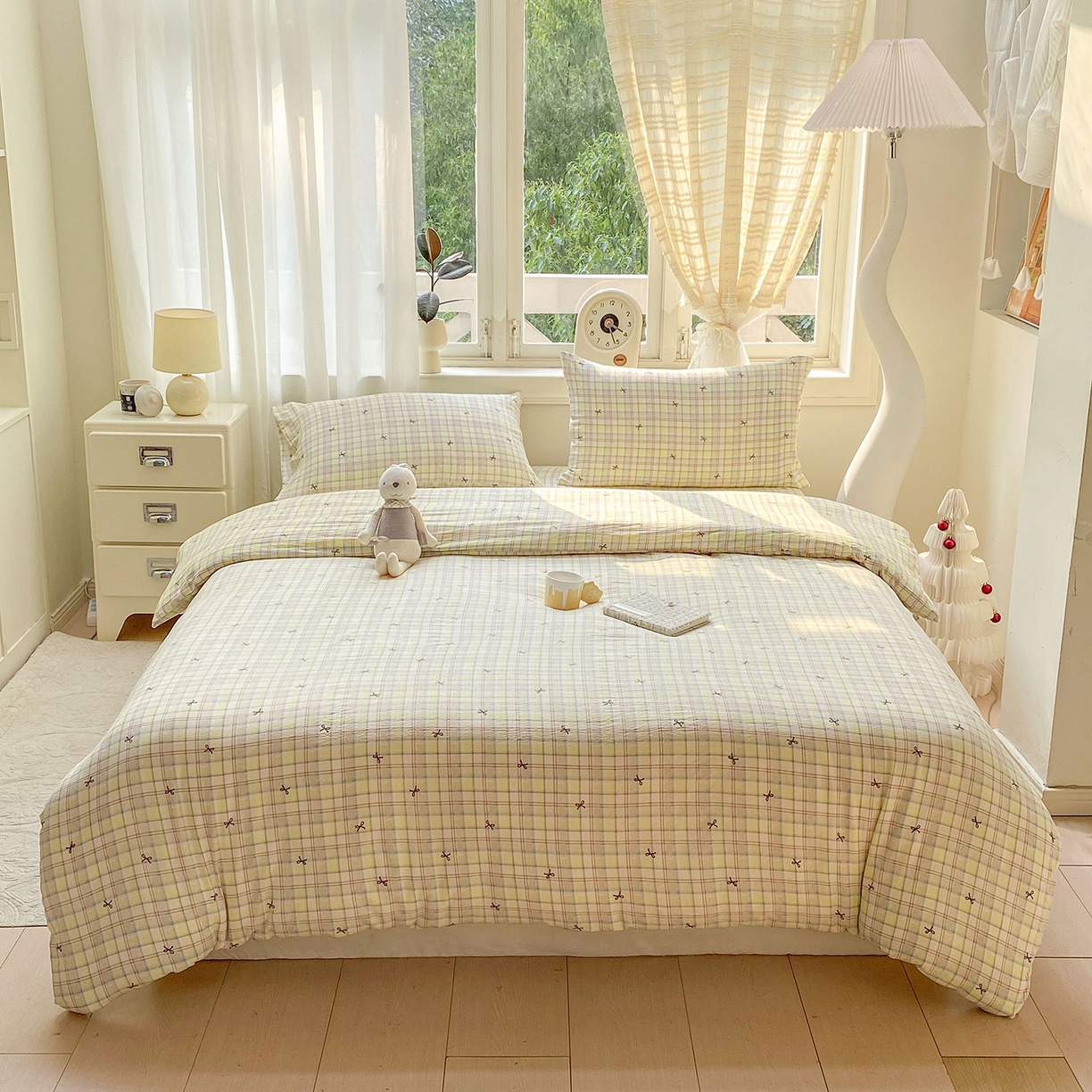 91家纺网 家纺一手货源 找家纺 眠势力 2025新款云感双层纱被套三件套ins奶油风云感超柔被罩单件四季款 格调蝴蝶结