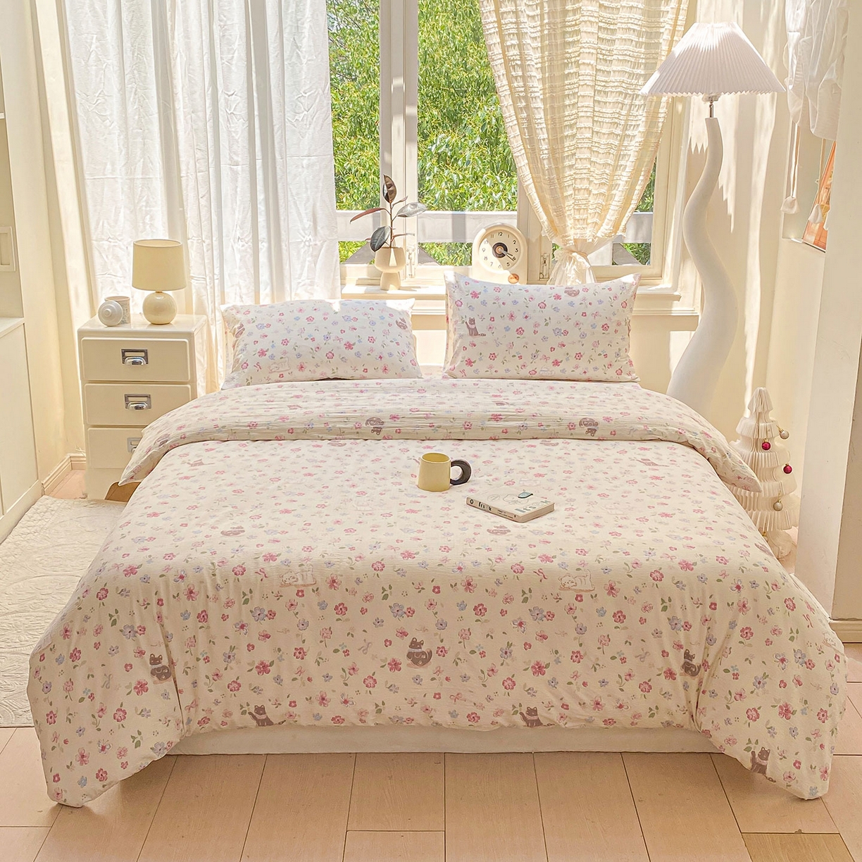 91家纺网 家纺一手货源 找家纺 眠势力 2025新款云感双层纱被套三件套ins奶油风云感超柔被罩单件四季款 花丛猫咪