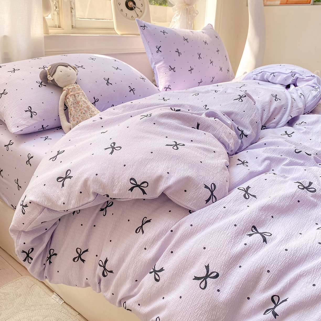 91家纺网 家纺一手货源 找家纺 眠势力 2025新款云感双层纱被套三件套ins奶油风云感超柔被罩单件四季款 紫韵蝴蝶结