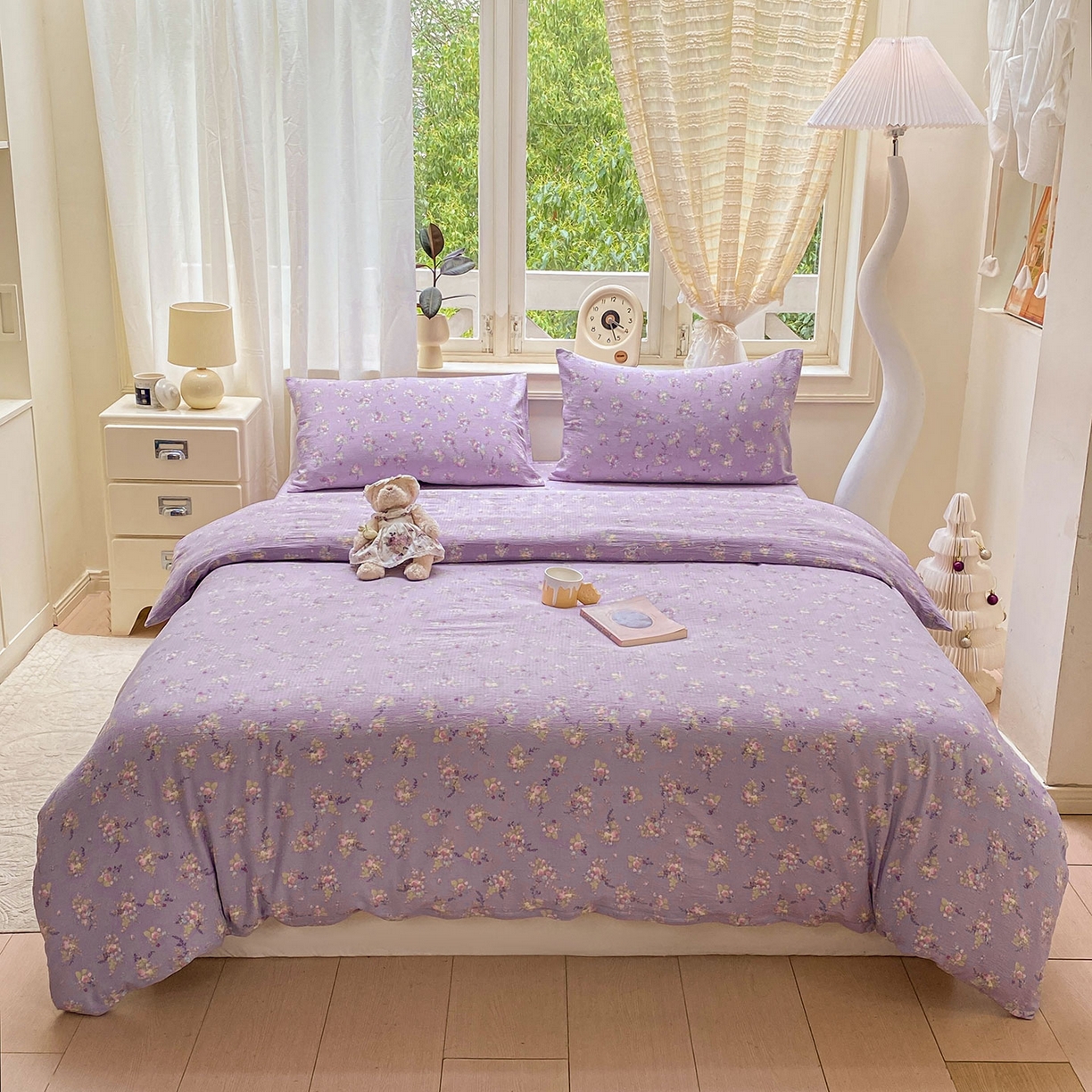91家纺网 家纺一手货源 找家纺 眠势力 2025新款云感双层纱被套三件套ins奶油风云感超柔被罩单件四季款 紫色花海