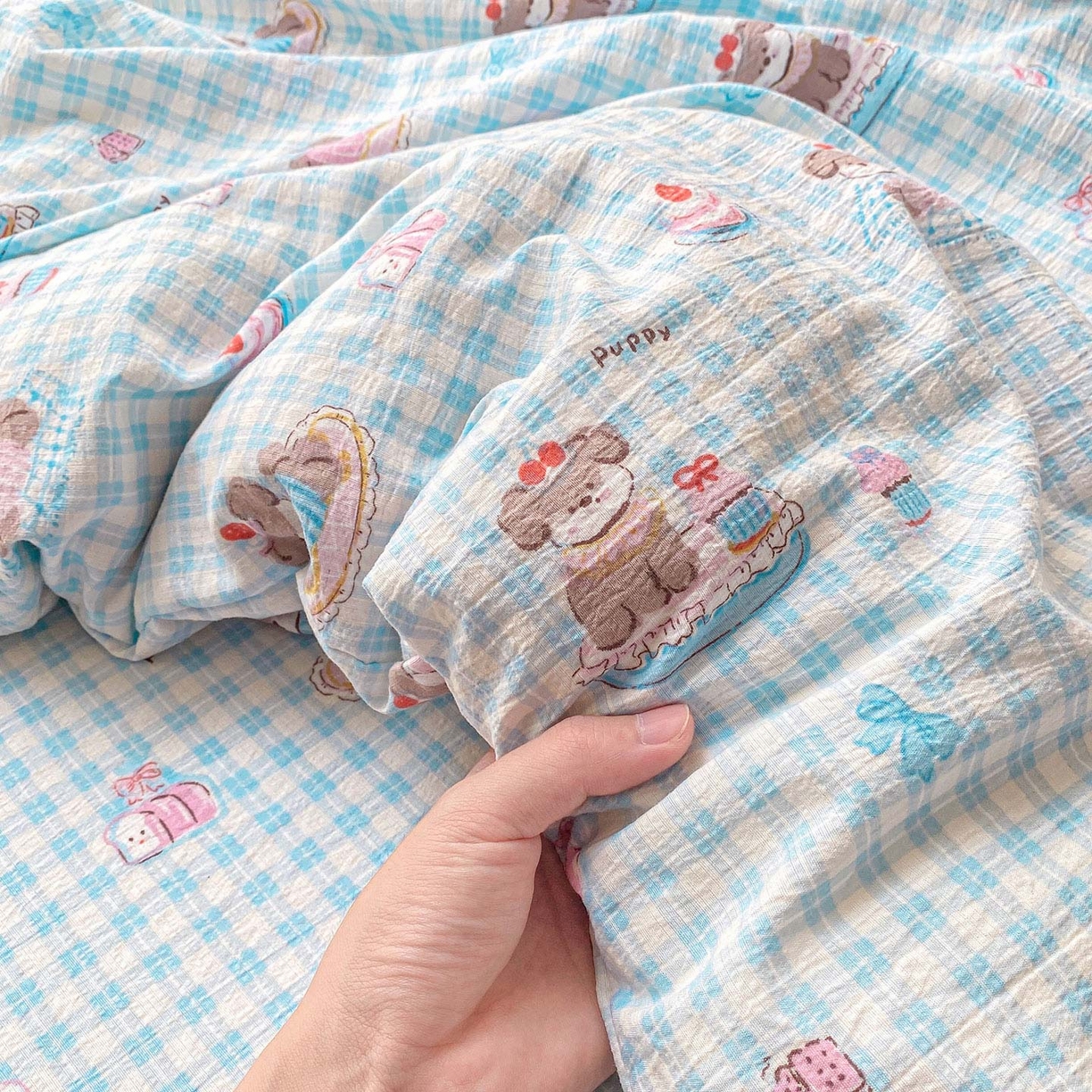 91家纺网 家纺一手货源 找家纺 眠势力 2025新款云感双层纱被套三件套ins奶油风云感超柔被罩单件四季款 淘气狗